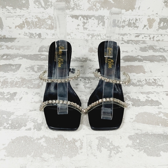 New CHASE & CHLOE Double Rhinestone Pyramid Heel Sandal In Black Silver D702 - Picture 7 of 12